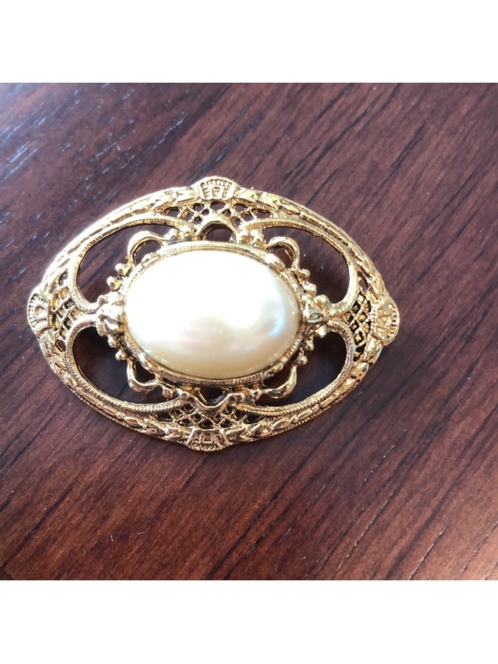 Gold Tone Filigree Brooch with Large Round Faux Pearl Vintage Pin